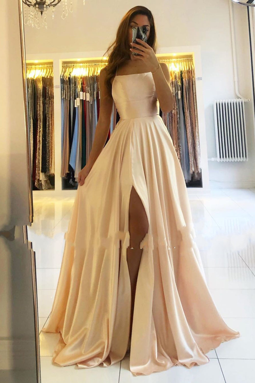 Classy Long A-line Satin Open Back Prom Dress with Slit-BIZTUNNEL