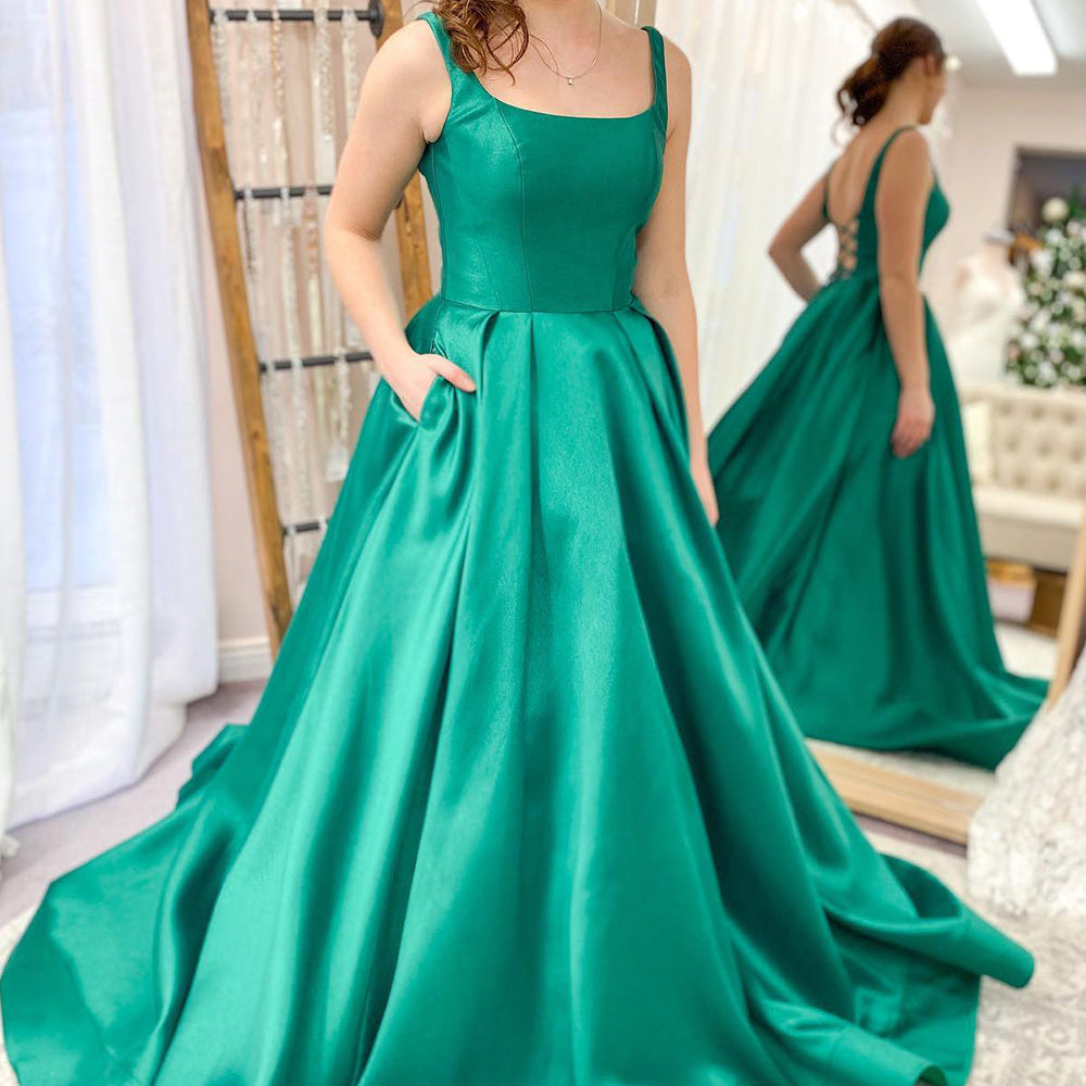 Classy Long A-line Spaghetti Straps Satin Backless Prom Dress With Pockets-BIZTUNNEL