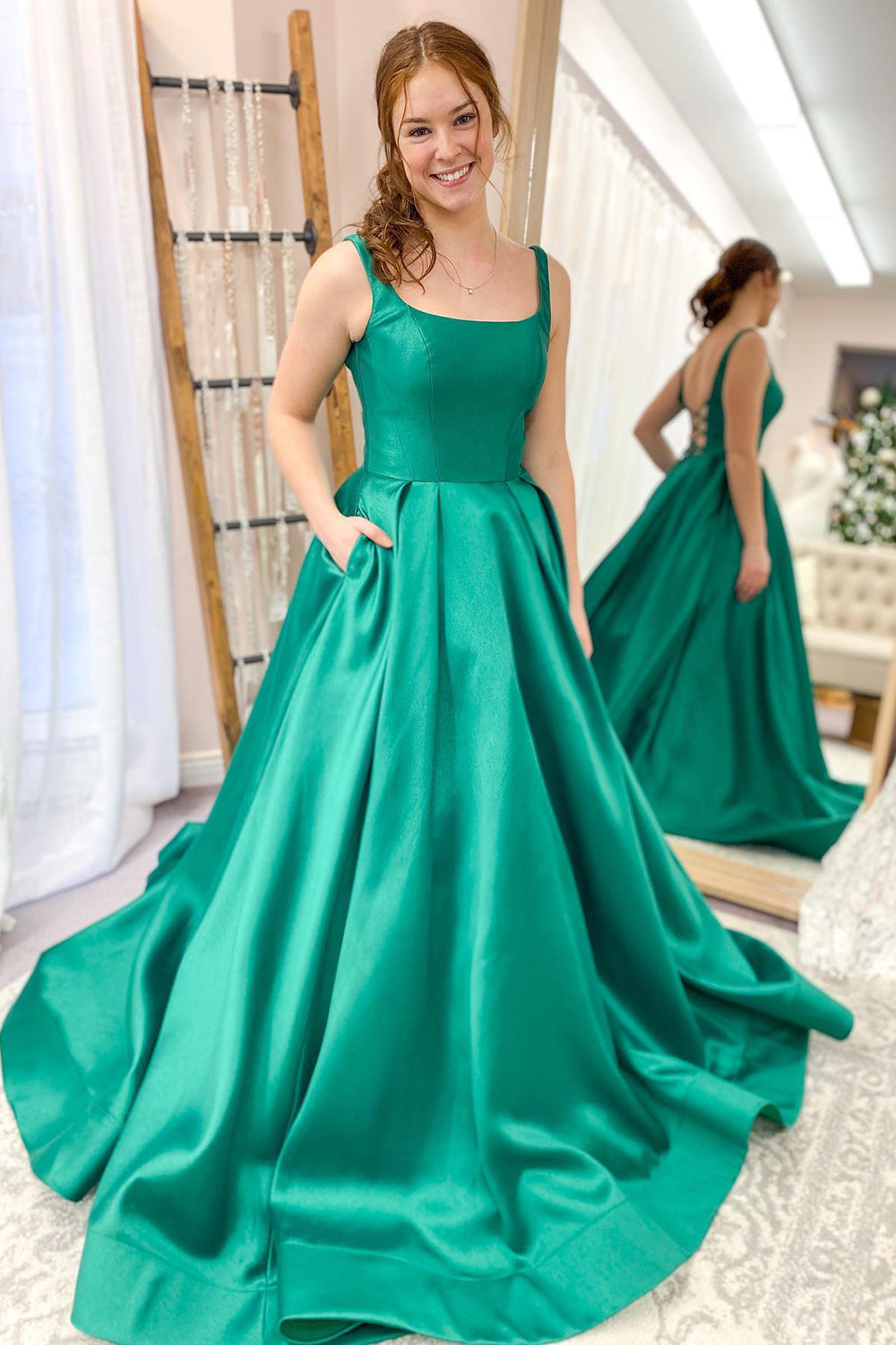 Classy Long A-line Spaghetti Straps Satin Backless Prom Dress With Pockets-BIZTUNNEL