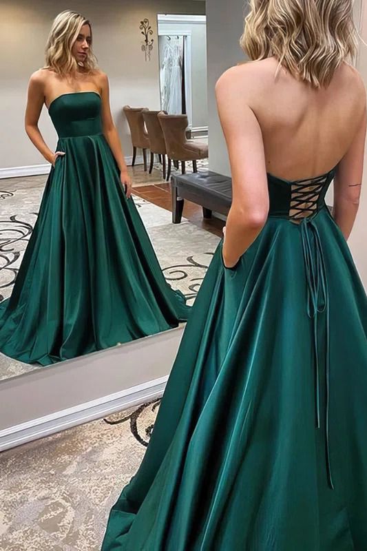 Classy Long A-Line Strapless Satin Backless Prom Dress With Pockets-BIZTUNNEL
