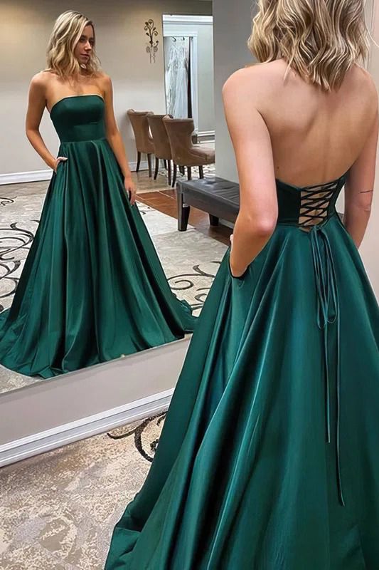 Load image into Gallery viewer, Classy Long A-Line Strapless Satin Backless Prom Dress With Pockets-BIZTUNNEL
