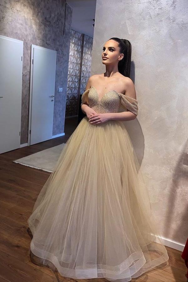 Classy Long A-Line Sweetheart Off-the-shoulder Beading Tulle Wedding Dress-BIZTUNNEL