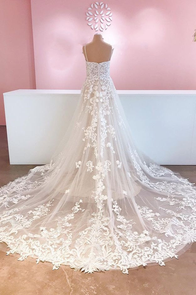 Classy Spaghetti Straps White Tulle Applique Slit Long Wedding Dress SP847 main image 1