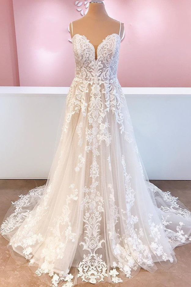 A-Line Off Shoulder Spaghetti Straps Appliques Tulle Wedding Dress WW1009
