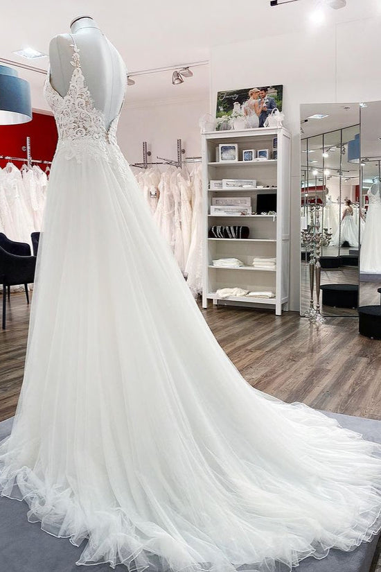 Carregar imagem no visualizador da galeria, Classy Long A-line Tulle V Neck Sleeveless Lace Wedding Dress-BIZTUNNEL
