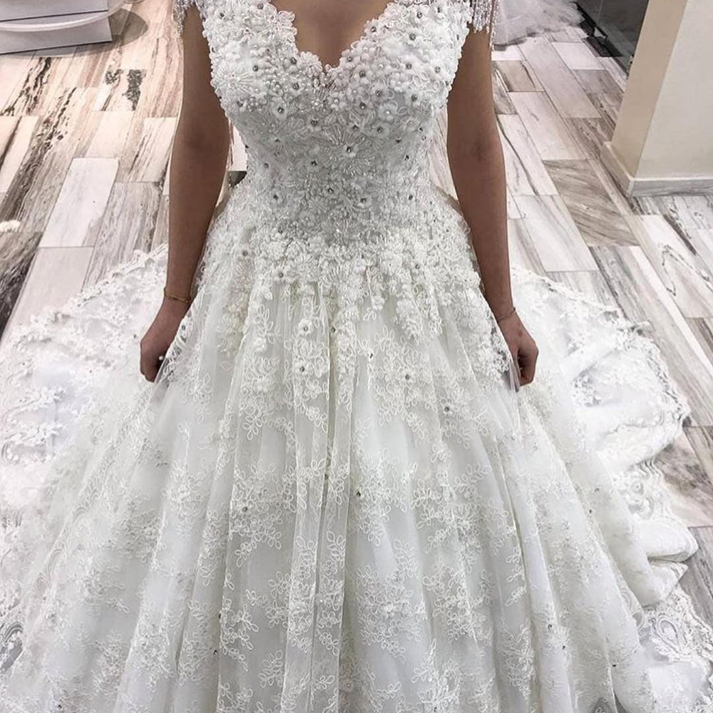 
                  
                    Classy Long A-Line V-neck Appliques Lace Crystal Wedding Dress-BIZTUNNEL
                  
                