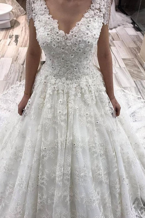 Carregar imagem no visualizador da galeria, Classy Long A-Line V-neck Appliques Lace Crystal Wedding Dress-BIZTUNNEL
