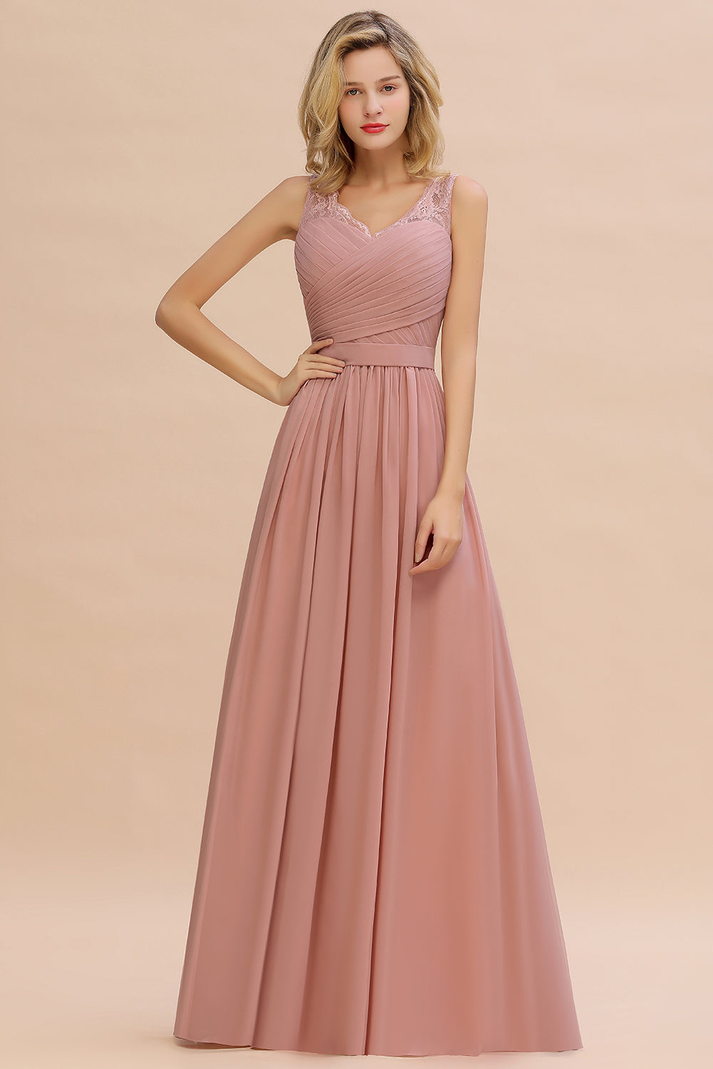 Classy Long A-line V-neck Wide Straps Ruched Chiffon Bridesmaid Dress-BIZTUNNEL