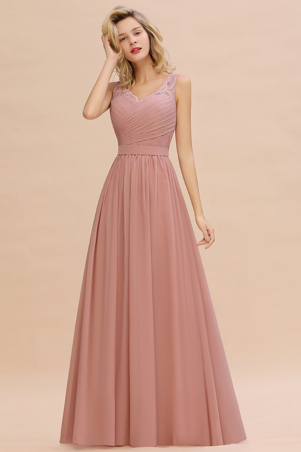 Load image into Gallery viewer, Classy Long A-line V-neck Wide Straps Ruched Chiffon Bridesmaid Dress-BIZTUNNEL
