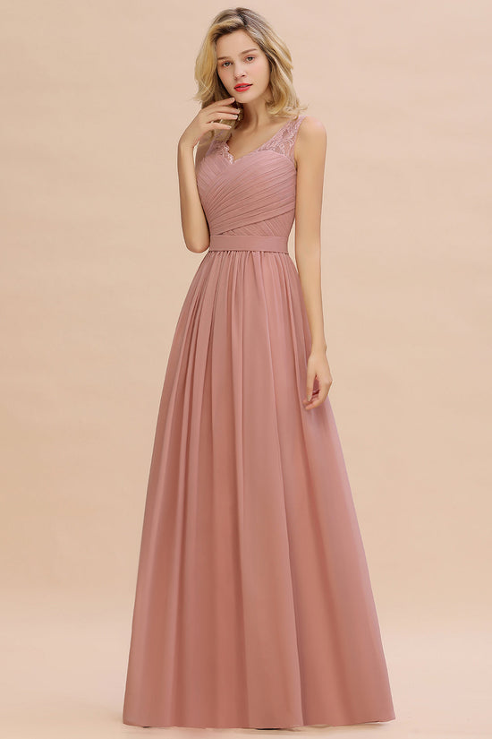 Classy Long A-line V-neck Wide Straps Ruched Chiffon Bridesmaid Dress-BIZTUNNEL