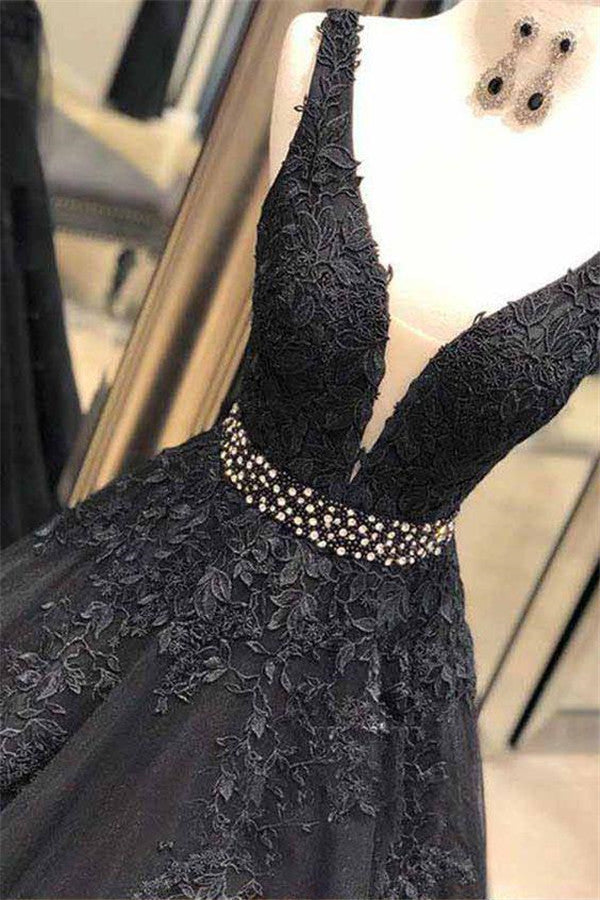 Classy Long A-Line Wide Straps Open Back Black Prom Dress-BIZTUNNEL