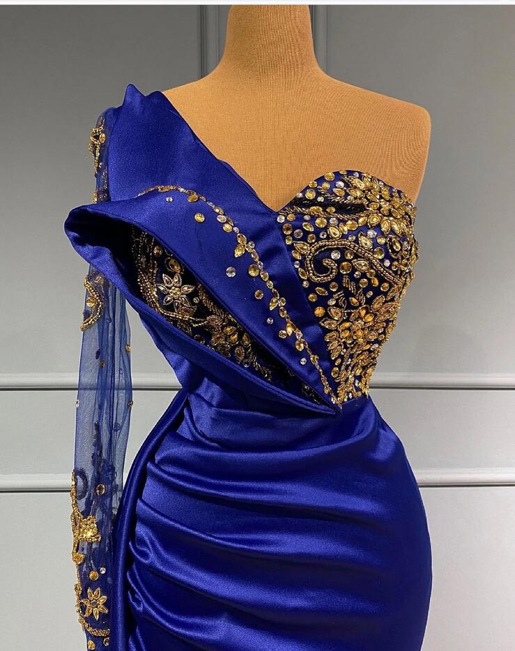 Classy Long Mermaid One Shoulder Royal Blue Prom Dress With Side Train-BIZTUNNEL
