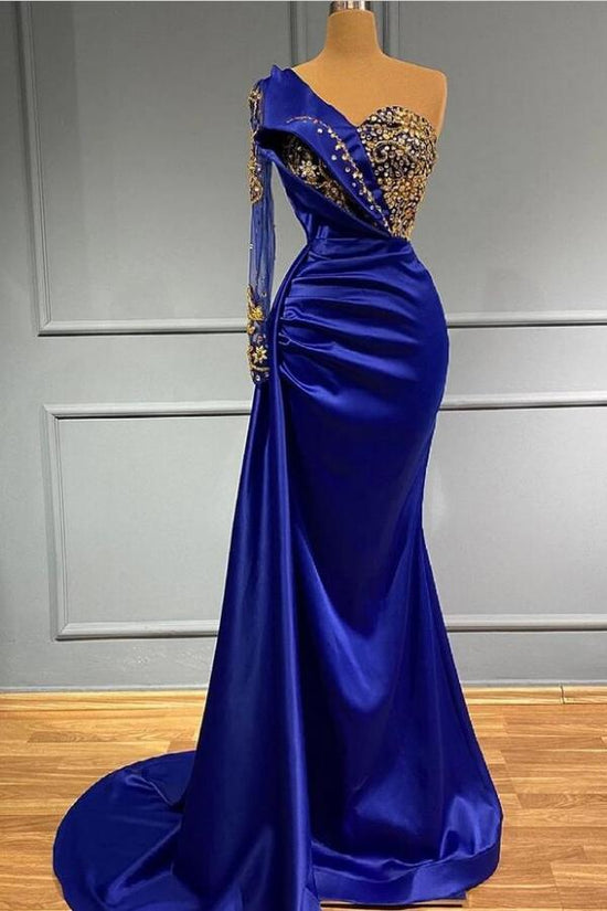 Classy Long Mermaid One Shoulder Royal Blue Prom Dress With Side Train-BIZTUNNEL