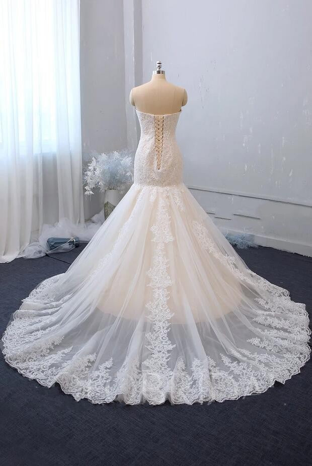 Classy Long Mermaid Sweetheart Backless Appliques Lace Tulle Wedding Dress-BIZTUNNEL