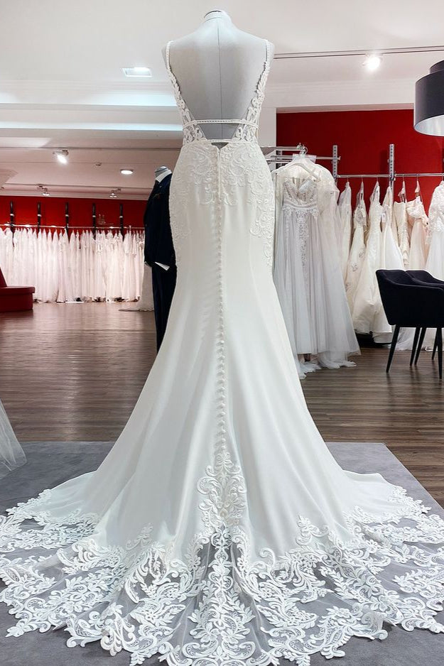Sexy Mermaid V-neck Satin Long Appliques Lace Prom Dress with Slit