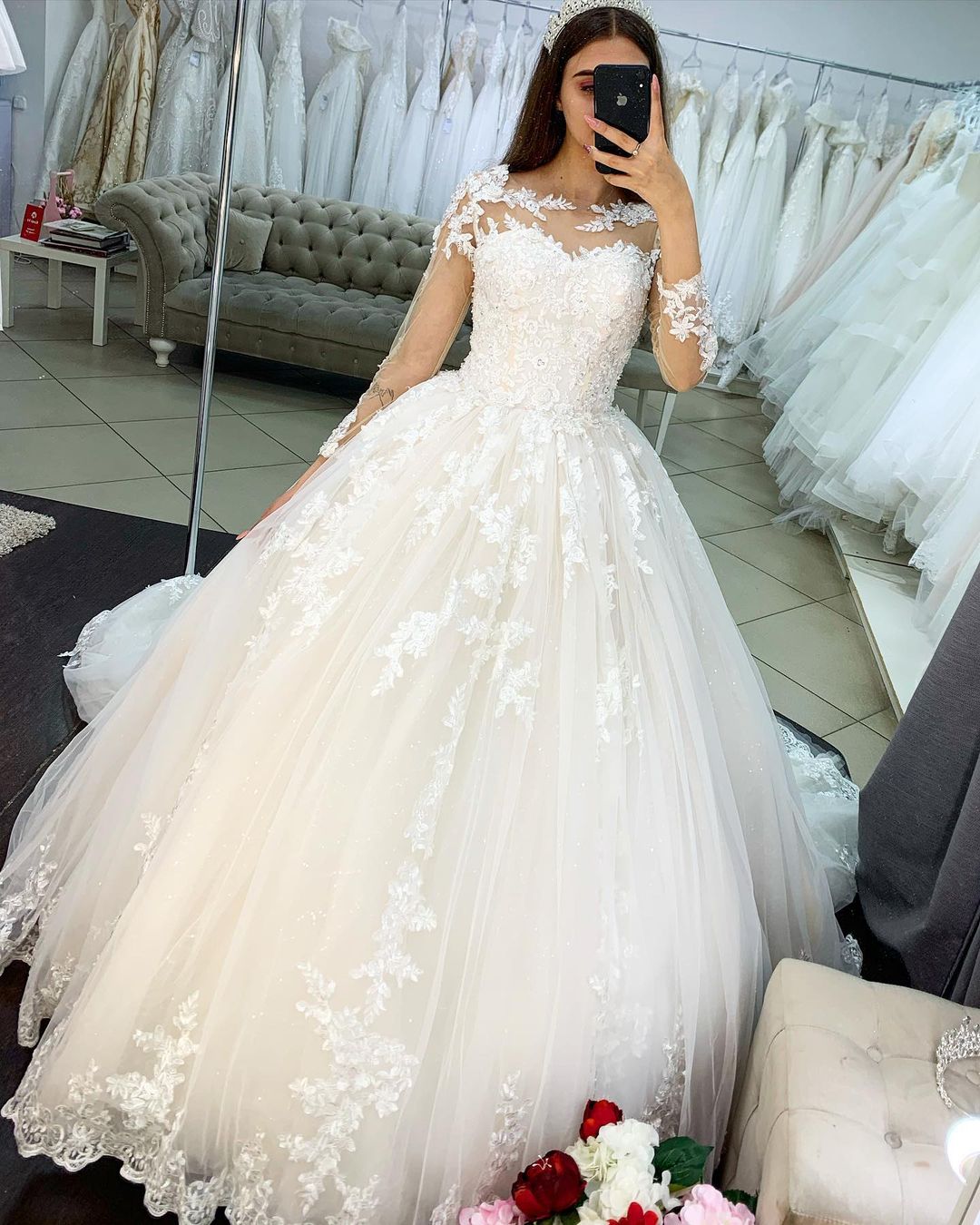 Long Princess Sweetheart Appliques Lace Backless Tulle Wedding Dress with Sleeves main image 1