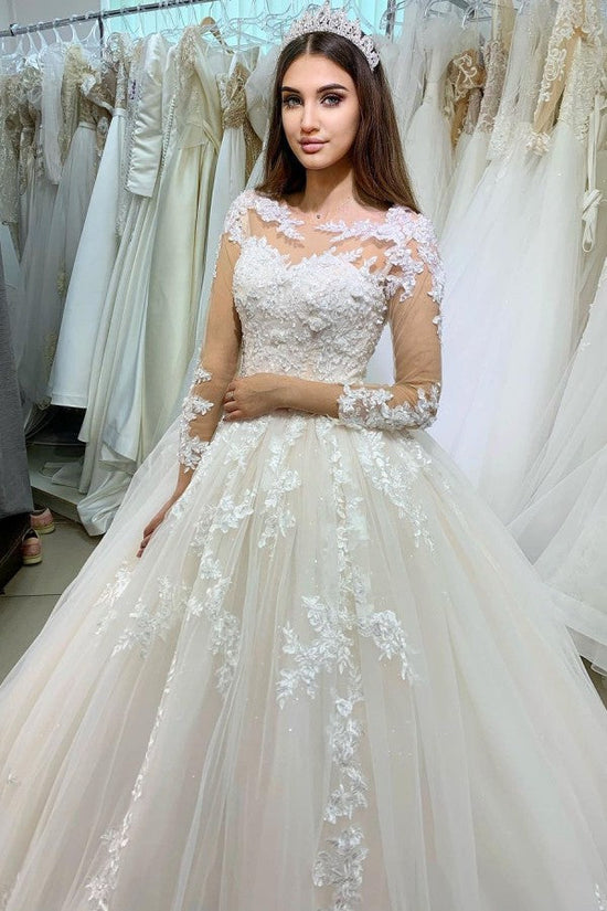 Carregar imagem no visualizador da galeria, Classy Long Princess Appliques Lace Tulle Wedding Dress with Sleeves-BIZTUNNEL
