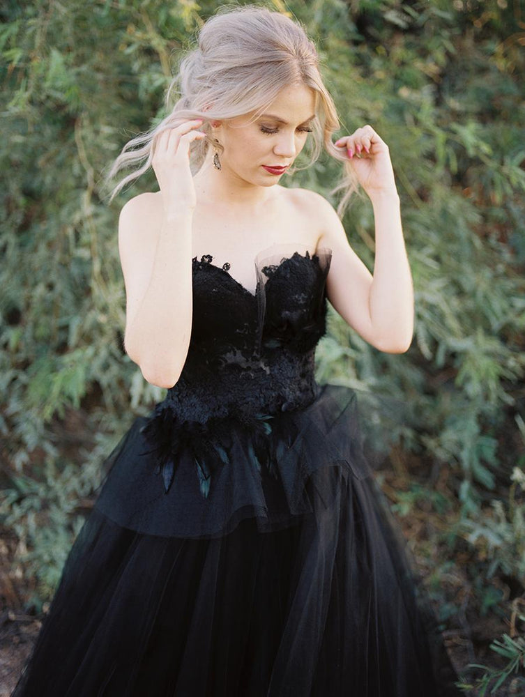 Classy Long Princess Sweetheart Open Back Tulle Black Wedding Dress with Lace Classy Long Princess Sweetheart Open Back Tulle Black Wedding Dress with Lace