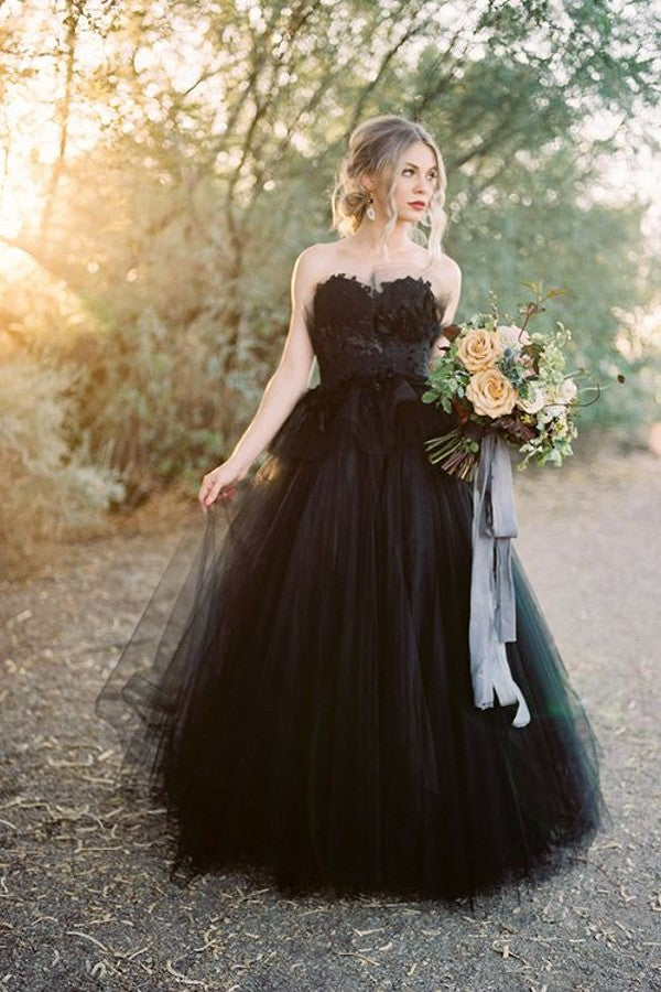 Classy Long Princess Sweetheart Open Back Tulle Black Wedding Dress with Lace-BIZTUNNEL