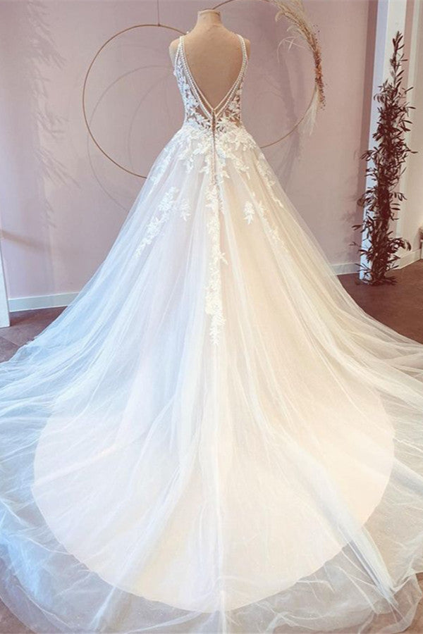 Classy Long Princess Sweetheart Tulle Appliques Lace Wedding Dresses-BIZTUNNEL