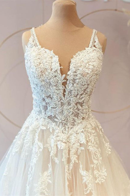 Carregar imagem no visualizador da galeria, Classy Long Princess Sweetheart Tulle Appliques Lace Wedding Dresses-BIZTUNNEL
