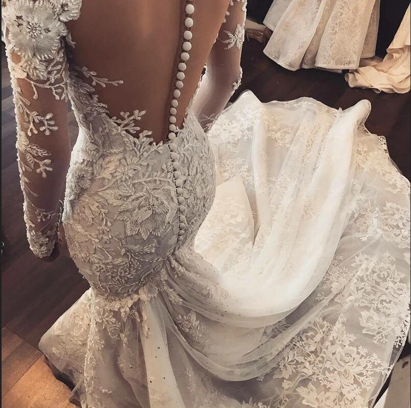 Carregar imagem no visualizador da galeria, Classy Long Sleeve Sweetheart Appliques Lace Mermaid Wedding Dress With Tulle Ruffles-BIZTUNNEL

