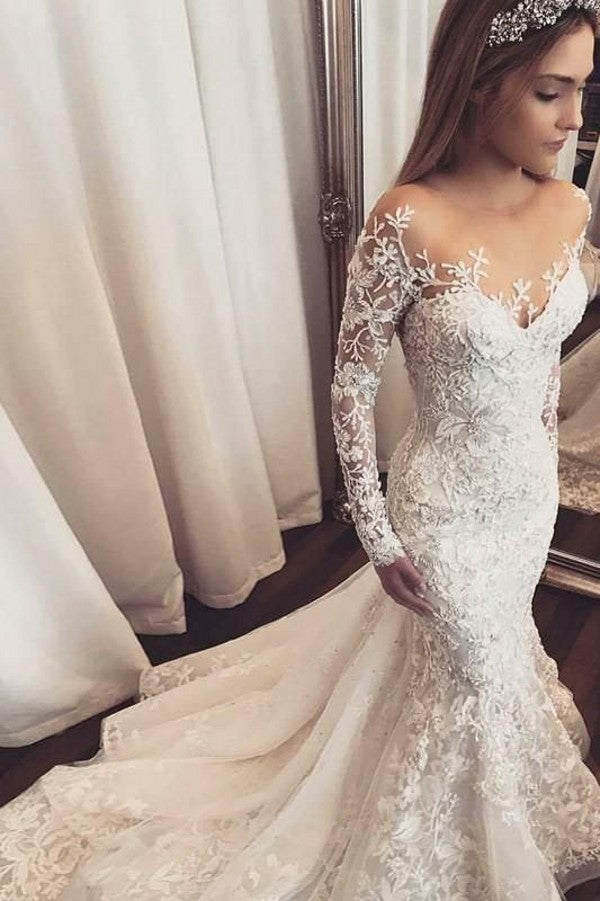 Classy Long Sleeve Sweetheart Appliques Lace Mermaid Wedding Dress With Tulle Ruffles-BIZTUNNEL