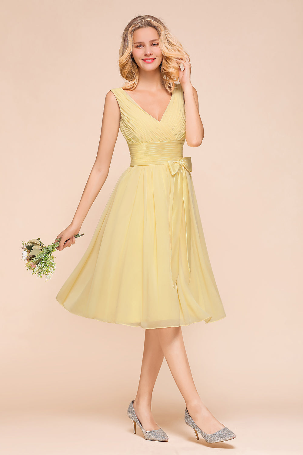 Classy Short A-line Chiffon Wide Straps V-neck Bridesmaid Dress With Bowknot-BIZTUNNEL