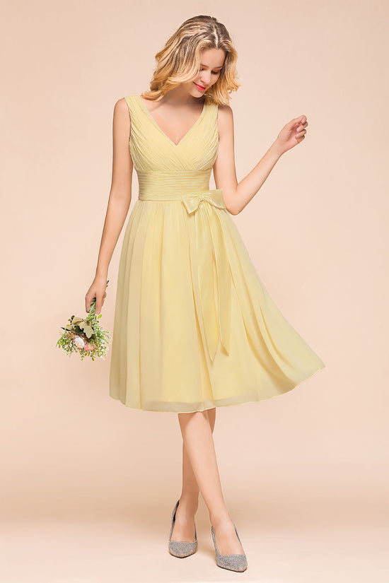 Classy Short A-line Chiffon Wide Straps V-neck Bridesmaid Dress With Bowknot-BIZTUNNEL