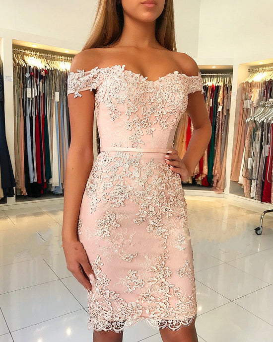 Classy Short Mermaid Off-the-shoulder Lace Prom Dress-BIZTUNNEL