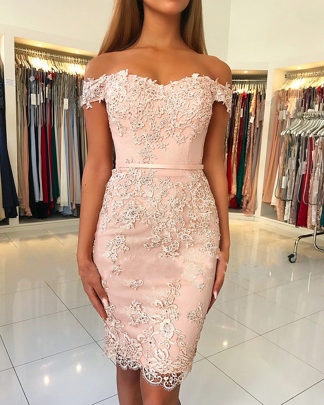Classy Short Mermaid Off-the-shoulder Lace Prom Dress-BIZTUNNEL