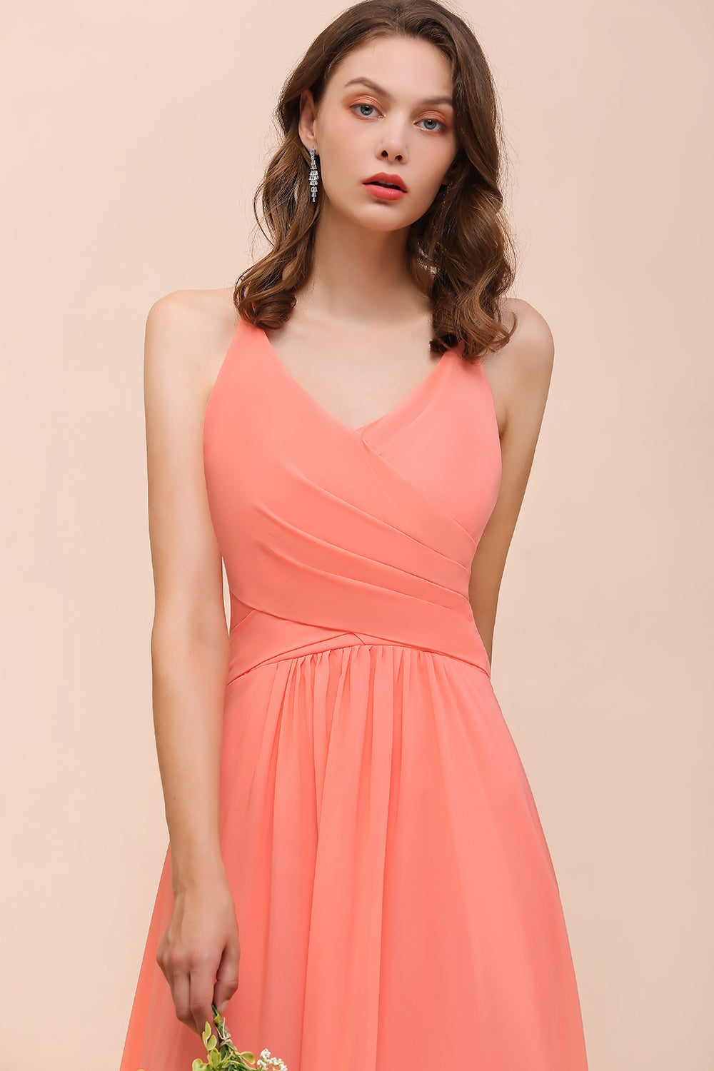 Load image into Gallery viewer, Coral Long A-line Chiffon V-neck Bridesmaid Dress with Ruffle-BIZTUNNEL
