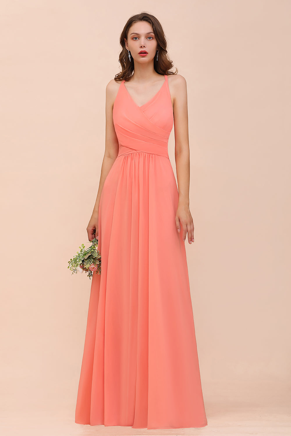 Load image into Gallery viewer, Coral Long A-line Chiffon V-neck Bridesmaid Dress with Ruffle-BIZTUNNEL
