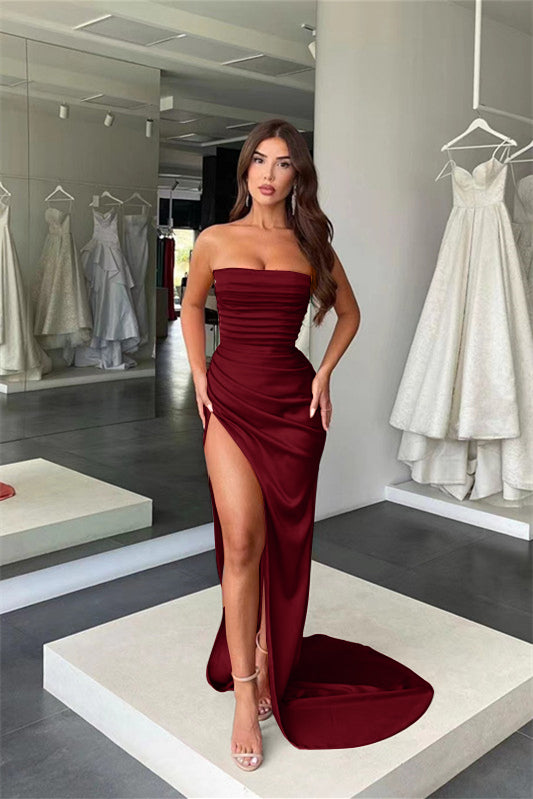 Dark Green Long Strapless Mermaid Satin Evening Dress with Split Dark Green Long Strapless Mermaid Satin Evening Dress with Split