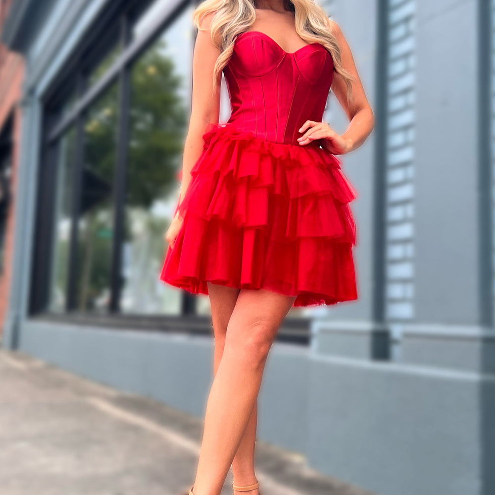Corset Red Sweetheart Short Homecoming Dress With Ruffles BIZTUNNEL Corset Red Sweetheart Short Homecoming Dress With Ruffles BIZTUNNEL