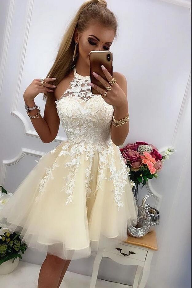 Cute A-line Halter Tulle Lace Short Prom Dresses for Teens-BIZTUNNEL