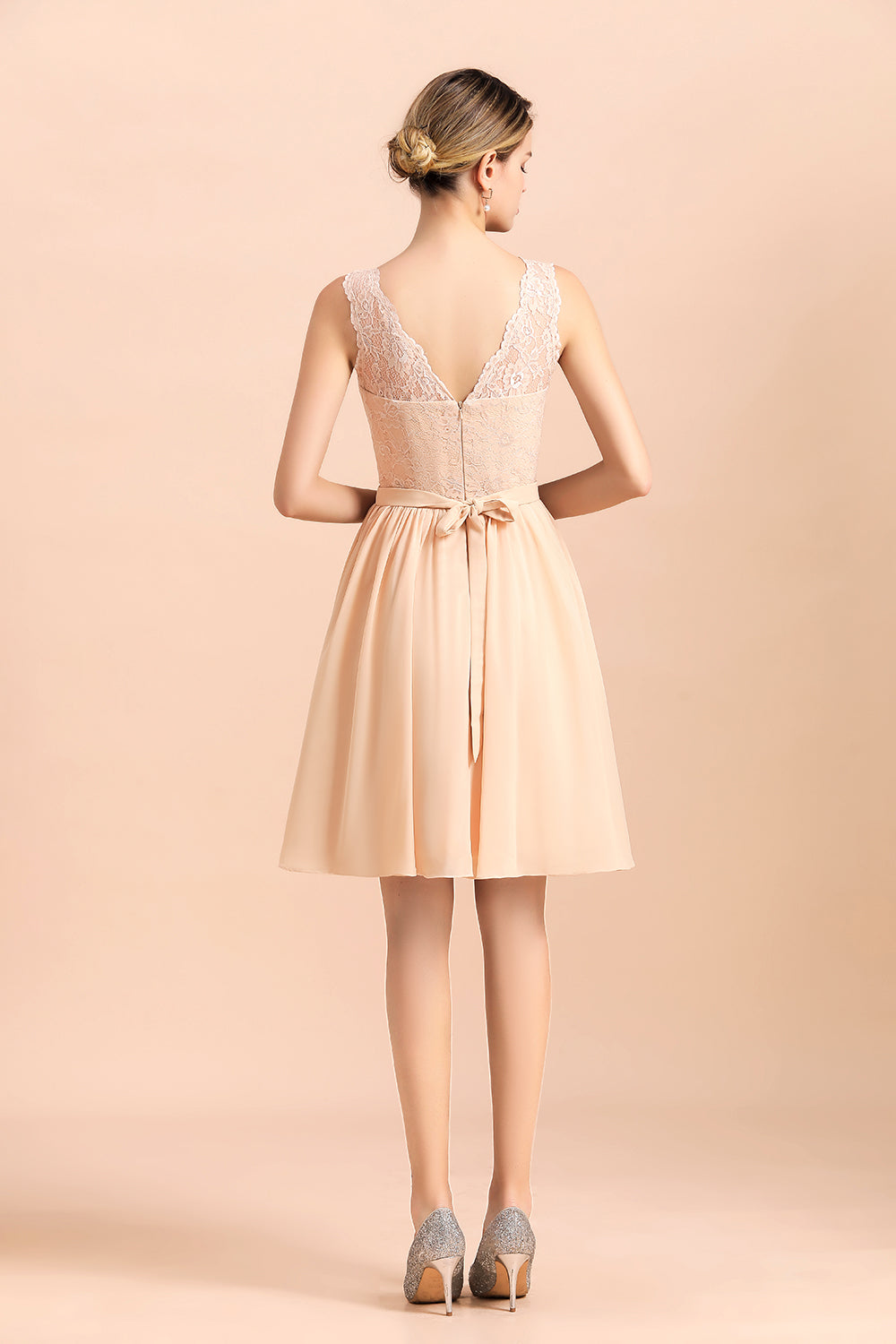 Load image into Gallery viewer, Cute A-Line V-neck Chiffon Backless Short Bridesmaid Dress with Lace-BIZTUNNEL
