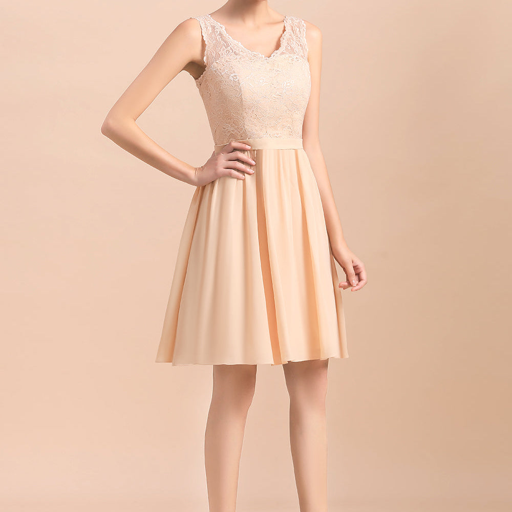 Cute A-Line V-neck Chiffon Backless Short Bridesmaid Dress with Lace Cute A-Line V-neck Chiffon Backless Short Bridesmaid Dress with Lace