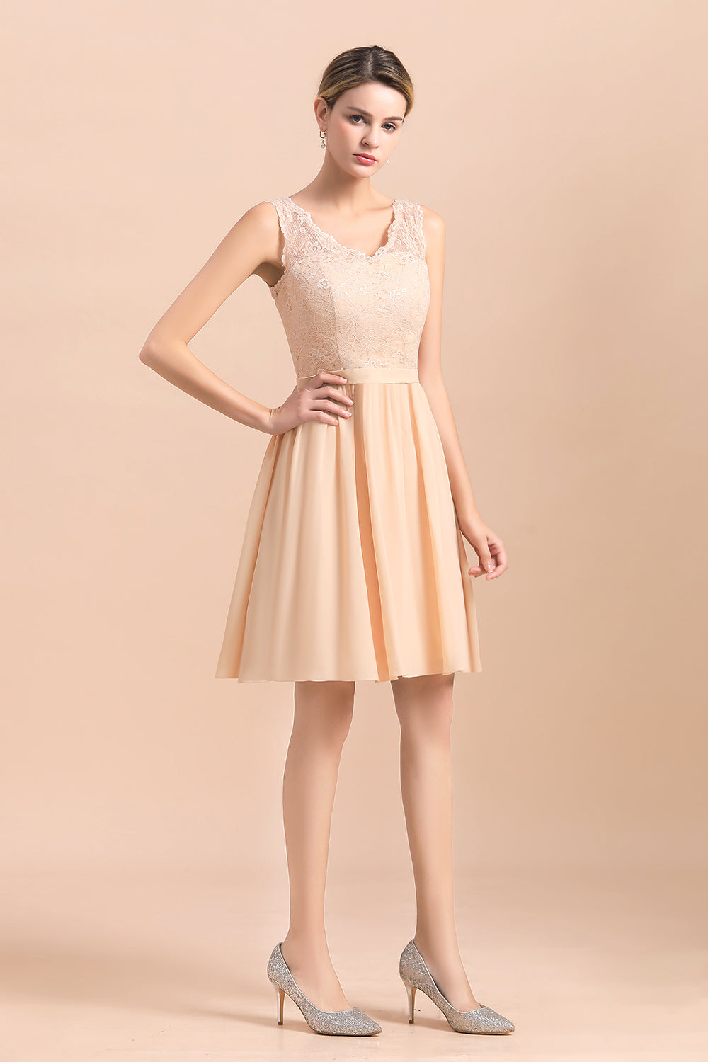 Load image into Gallery viewer, Cute A-Line V-neck Chiffon Backless Short Bridesmaid Dress with Lace-BIZTUNNEL
