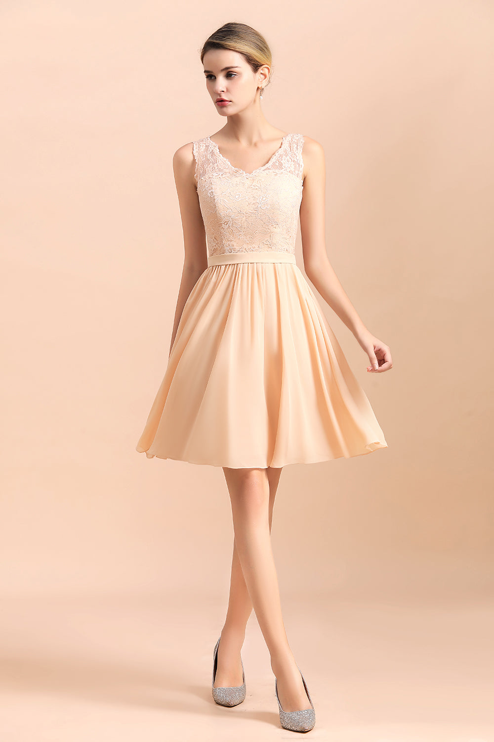 Cute A-Line V-neck Chiffon Backless Short Bridesmaid Dress with Lace Cute A-Line V-neck Chiffon Backless Short Bridesmaid Dress with Lace
