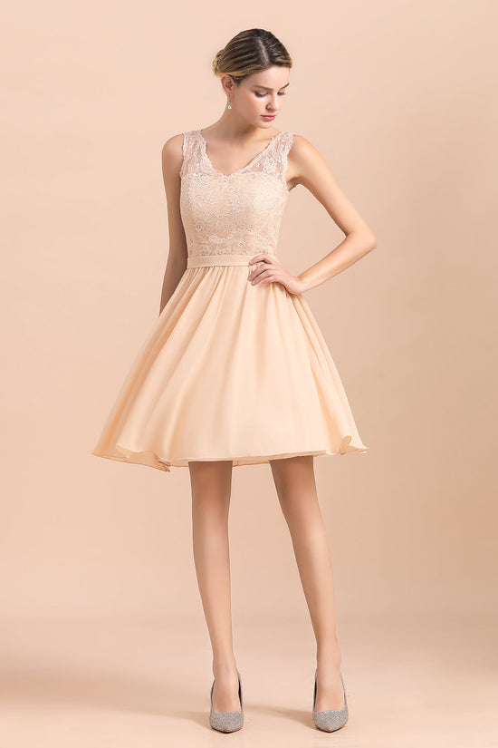 Cute A-Line V-neck Chiffon Backless Short Bridesmaid Dress with Lace-BIZTUNNEL