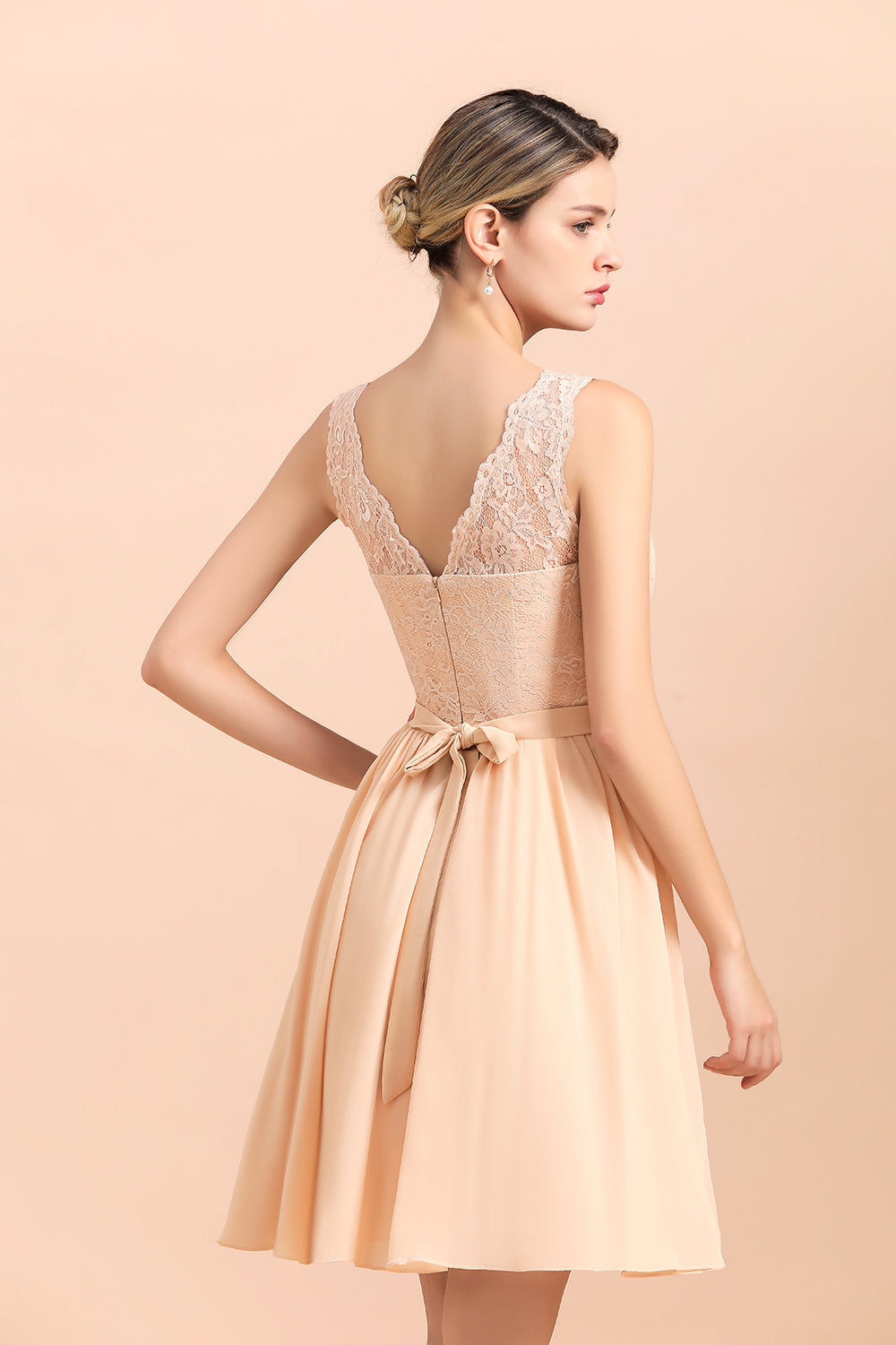 Cute A-Line V-neck Chiffon Backless Short Bridesmaid Dress with Lace-BIZTUNNEL