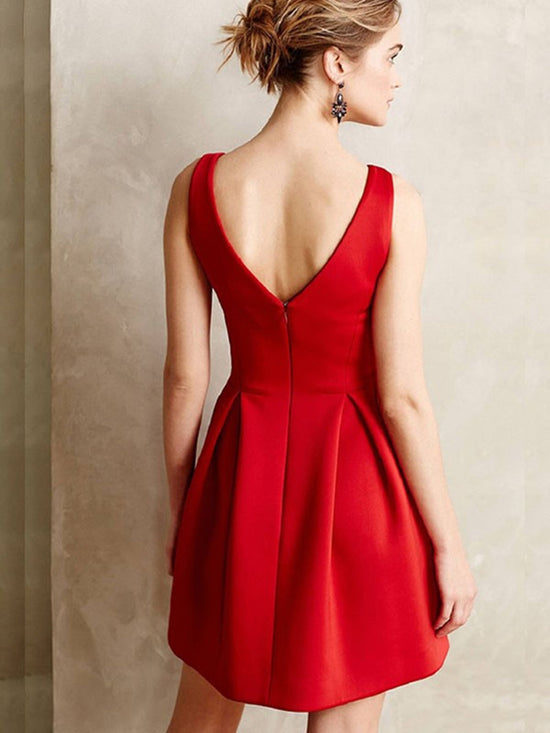 Cargar imagen en el visor de la Galería, Cute A-line V Neck Sleeveless Red Short Prom Homecoming Dresses-BIZTUNNEL
