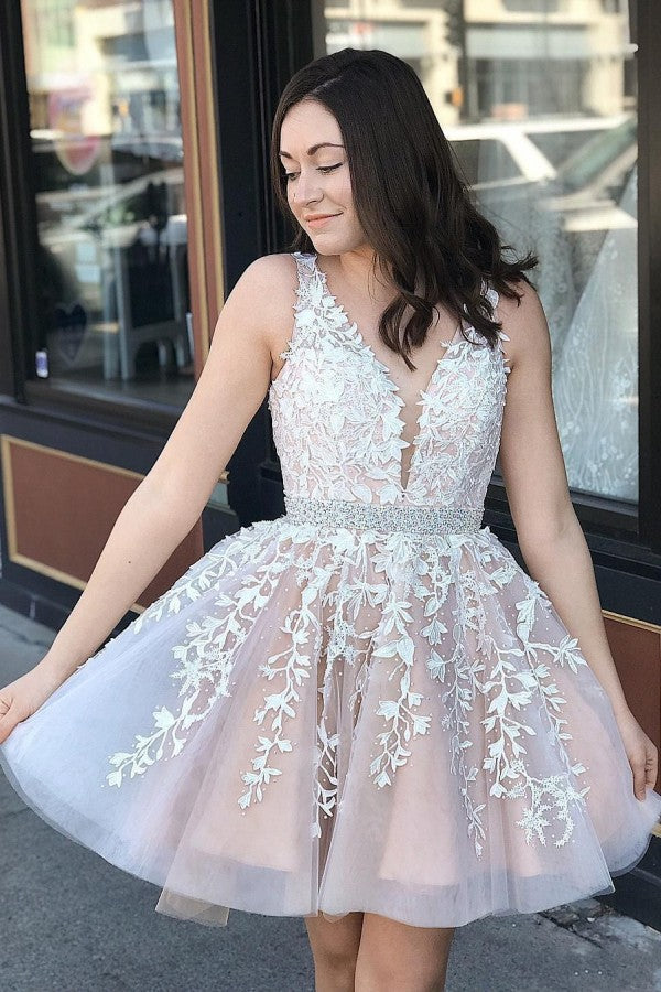 Cute A-line V-neck Tulle Floral Lace Backless Short Prom Dresses