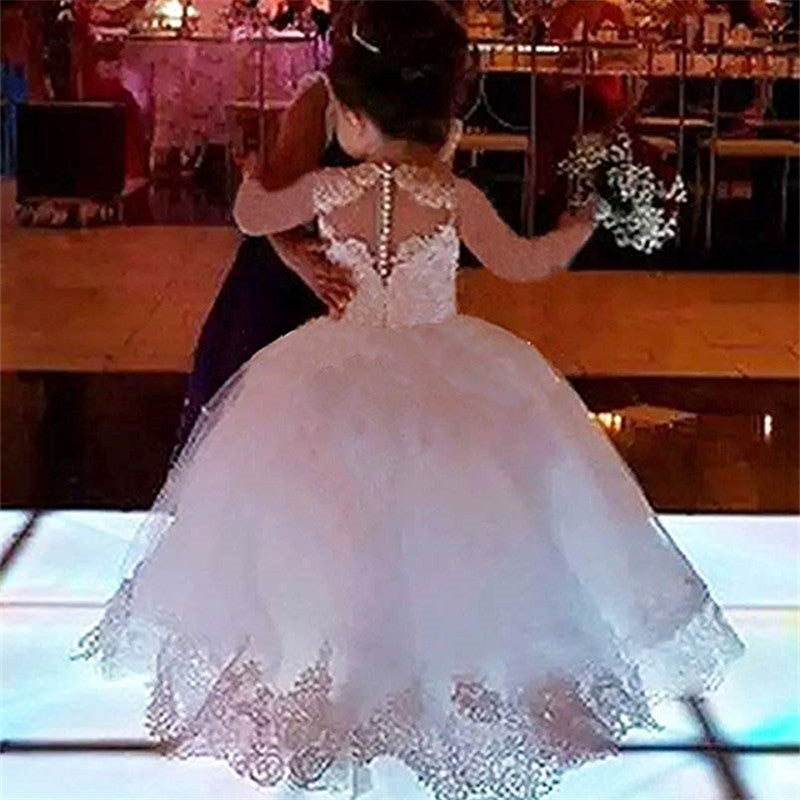 Cute Ball Gown Long Sleeves Tulle Flower Girl Dress with Lace Appliques-BIZTUNNEL