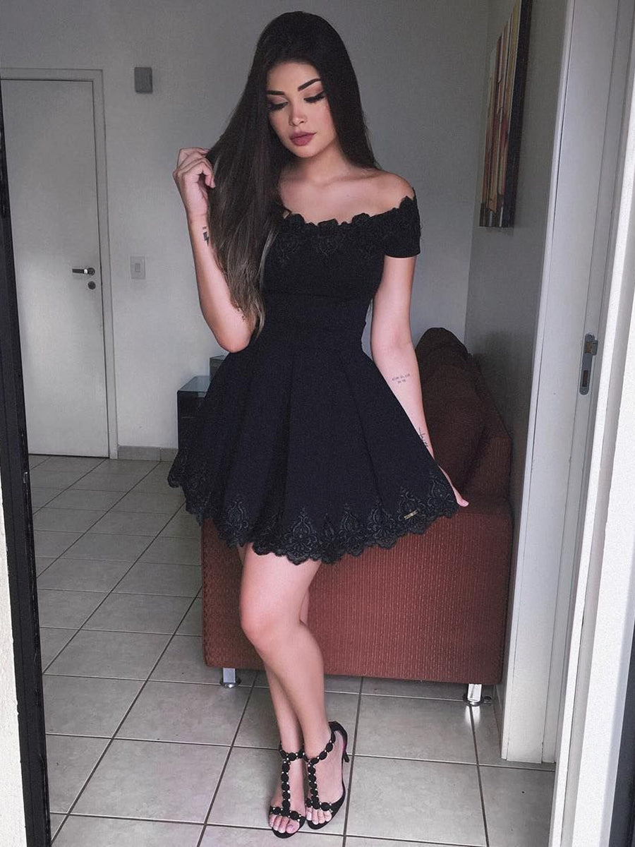 Cute Black Short A-line Off Shoulder Lace Prom Homecoming Dresses-BIZTUNNEL