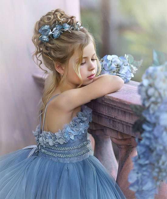 Cute Dusty Blue Long Strapless Princess Tulle Flower Girl Dresses-BIZTUNNEL