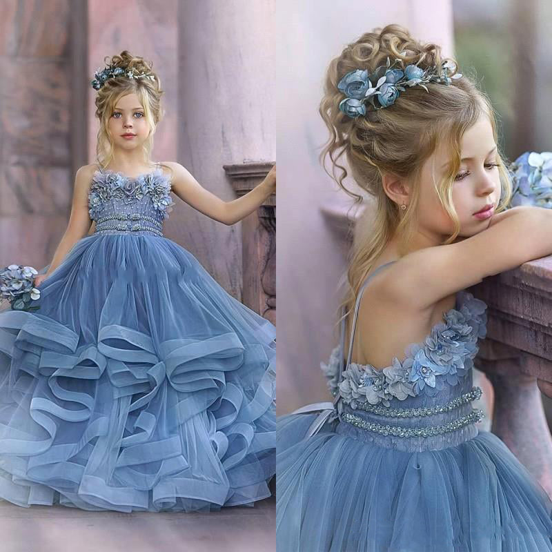 Load image into Gallery viewer, Cute Dusty Blue Long Strapless Princess Tulle Flower Girl Dresses-BIZTUNNEL
