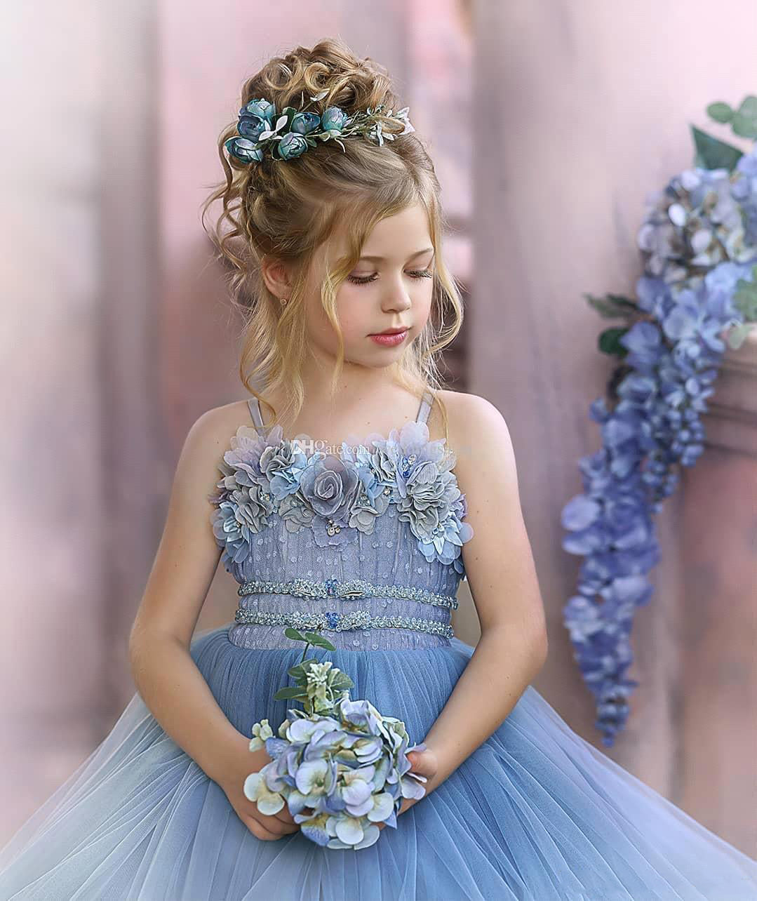 Cute Dusty Blue Long Strapless Princess Tulle Flower Girl Dresses-BIZTUNNEL