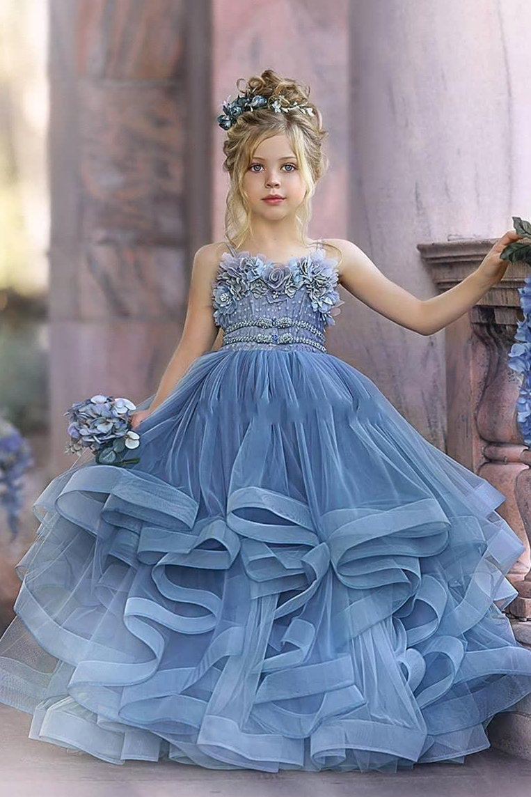 Load image into Gallery viewer, Cute Dusty Blue Long Strapless Princess Tulle Flower Girl Dresses-BIZTUNNEL
